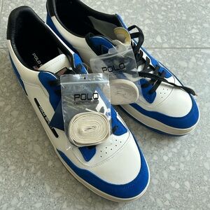 NEW Polo by Ralph Lauren White and Blue Low-Top Sneakers with Black Laces